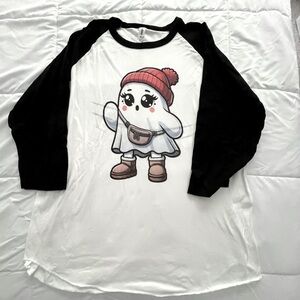 Black and White Ghost Graphic Halloween Ghost Raglan Shirt. Size XL